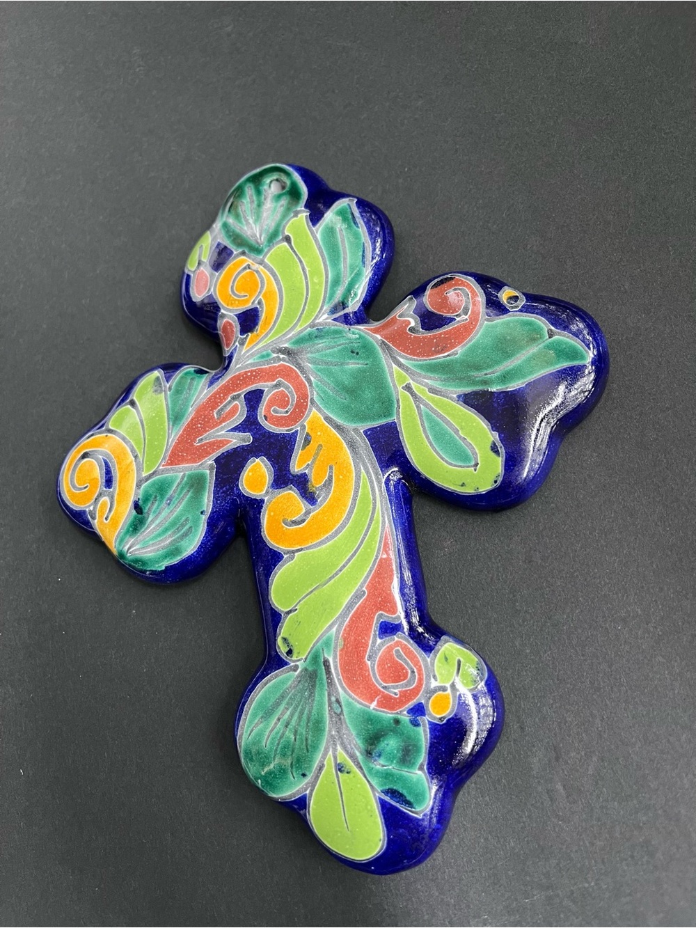 Hand-Painted Ceramic Cross Wall Art in Blue and Multicolor